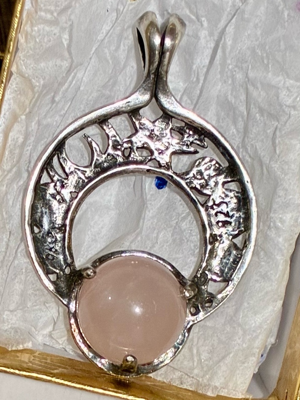 Vintage Silver Celestial Pendant Necklace with Rose Quartz - Picture 2 of 7